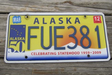 Alaska 50th Anniversary Celibrating State Hood License Plate 2012 FUE 381