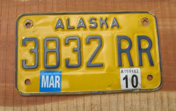 Alaska Yellow Blue Motorcycle License Plate 2010