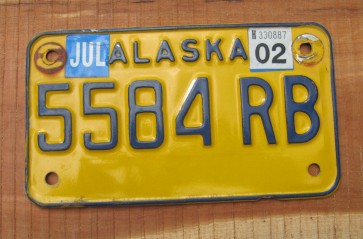 Alaska Yellow Blue Motorcycle License Plate 2002