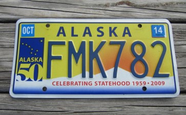 Alaska 50th Anniversary Celibrating State Hood License Plate 2014 FMK 782