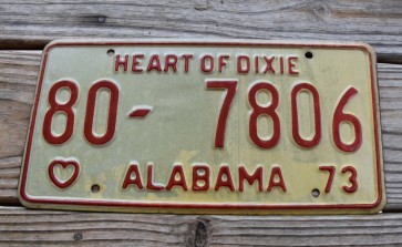 Alabama White Red License Plate 1973 Heart of Dixie 80 7806