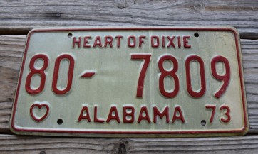 Alabama White Red License Plate 1973 Heart of Dixie 80 7809