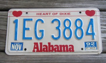 Alabama Heart of Dixie License Plate 1992