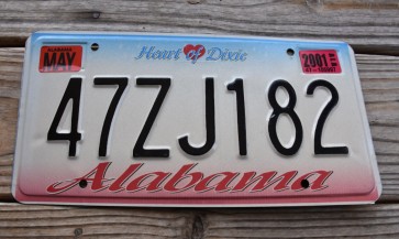 Alabama Heart of Dixie License Plate 2001 47ZJ182
