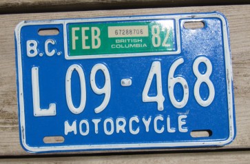 Canada British Columbia Blue White Motorcycle License Plate 1982