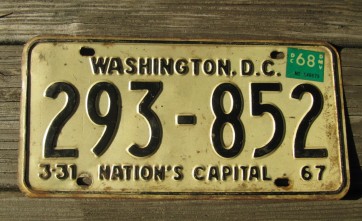 District of Columbia License Plate Washington DC Nation's Capital 1968