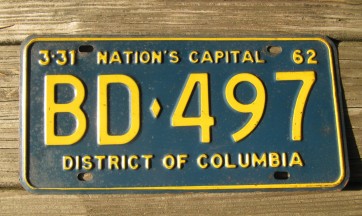 District of Columbia License Plate Washington DC Nation's Capital 1962