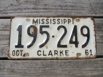 Mississippi Black White License Plate 1961