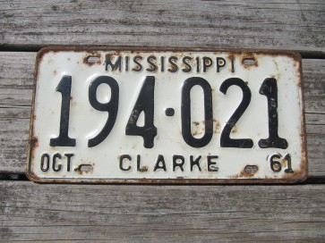 Mississippi Black White License Plate 1961