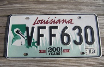 Louisiana Green Large Pelican 200 Years License Plate 2013 Bicentennial 1812-2012 VFF 630