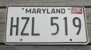 Maryland Black White License Plate 1986