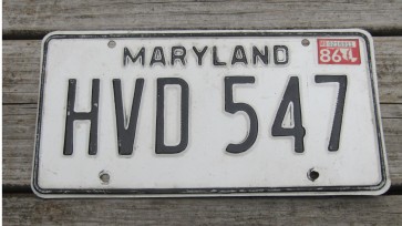Maryland Black White License Plate 1986