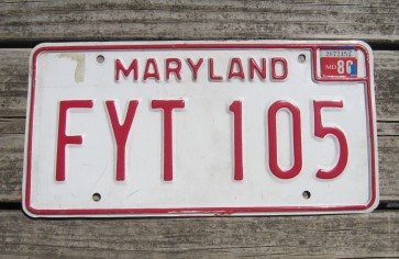 Maryland Red White License Plate 1980