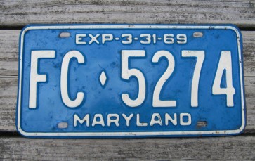 Maryland Blue White License Plate 1969