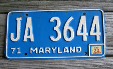 Maryland Blue White License Plate 1972