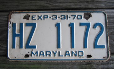 Maryland Blue White License Plate 1970