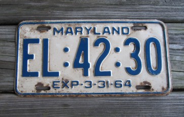 Maryland Blue White License Plate 1964
