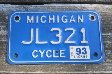 Michigan Motorcycle License Plate White Blue 1993