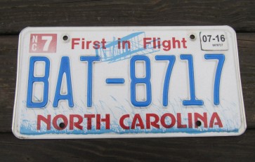 North Carolina First In Flight License Plate 2016 BAT 8717