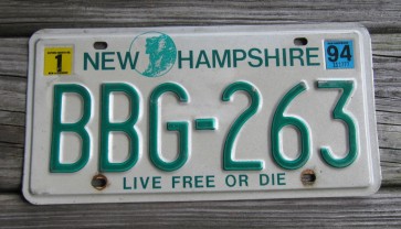 New Hampshire Live Free Or Die License Plate 1994