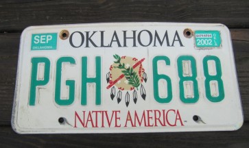 Oklahoma Native America License Plate 2002 PGH 688
