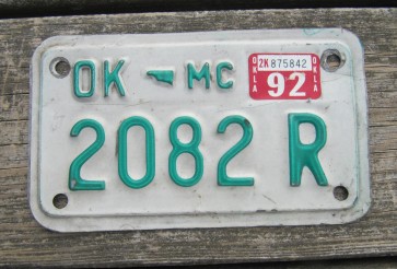 Oklahoma Motorcycle License Plate 1992