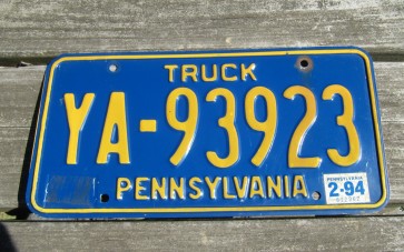Pennsylvania Yellow Blue License Plate 1994