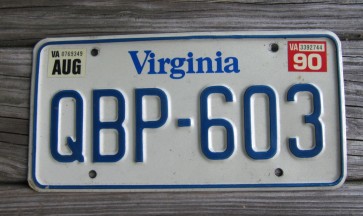 Virginia White Blue Border License Plate 1990