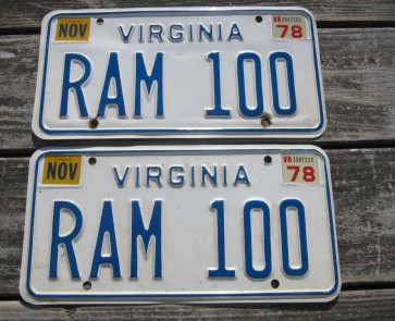 Virginia Blue Border License Plate Pair 1978