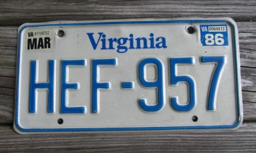 Virginia White Blue Border License Plate 1986