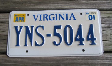 Virginia White Blue License Plate 2001