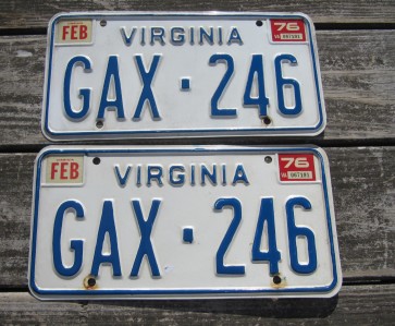 Virginia Blue Border License Plate Pair 1976