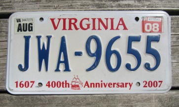 Virginia Jamestown 400th Anniversary License Plate 2008