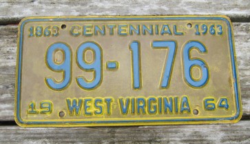 West Virginia Mountain State License Plate 1863 Centennial 1963 Yellow Blue 1964