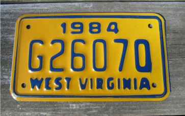 West Virginia Motorcycle License Plate Yellow Blue 1984