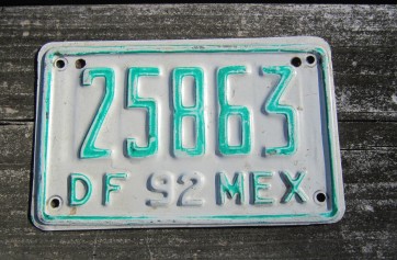Distrito Federal Mexico Motorcycle License Plate 1992
