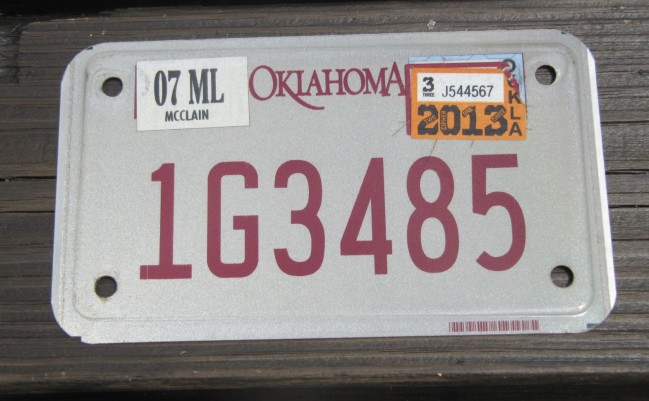 Oklahoma Motorcycle License Plate 2013 - Motorcycle