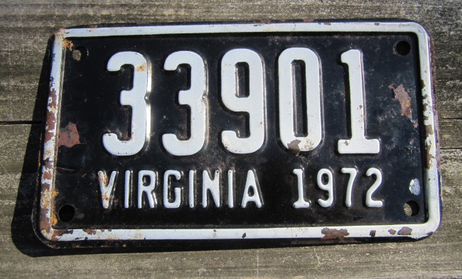 For SALE Virginia Motorcycle License Plate Black White 1972 Collectible