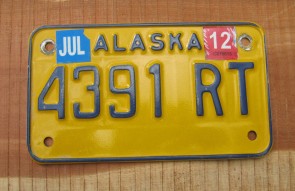 Alaska Yellow Blue Motorcycle License Plate 2012