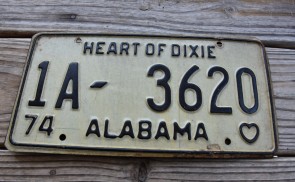 Alabama White Black License Plate 1974 Heart of Dixie 1A 3620