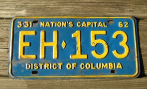District of Columbia License Plate Washington DC Nation's Capital 1962