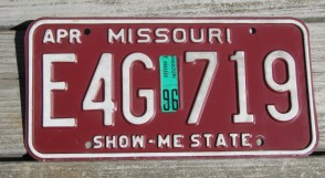 Missouri White Red License Plate 1996