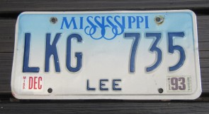 Mississippi Blue White Blue License Plate 1993