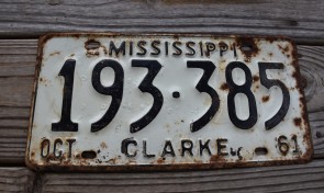 Mississippi Black White License Plate 1961