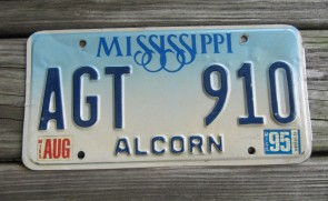 Mississippi Blue White Blue License Plate 1995