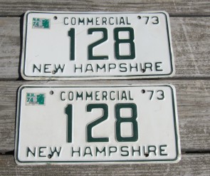 New Hampshire Green White Commercial Truck License Plate Pair 1973 Live Free or Die