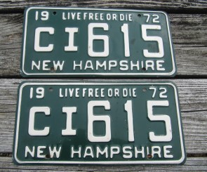 New Hampshire Green White License Plate Live Free or Die 1972