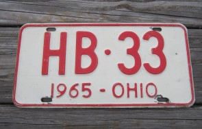 Ohio Red White License Plate 1965 HB 33