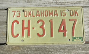 Oklahoma Red White License Plate 1974