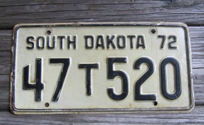 South Dakota White Black License Plate 1972